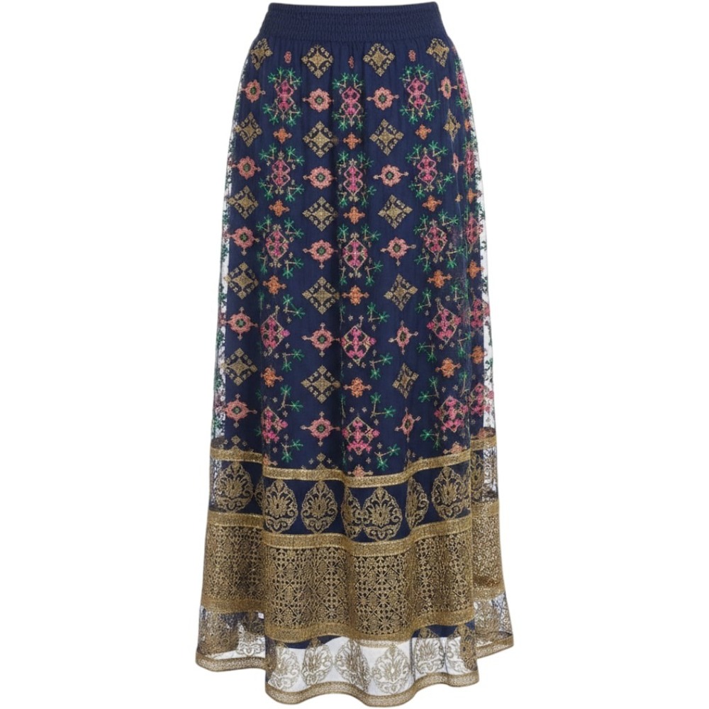 Soft Surroundings Navy Maxi Skirt with Gold Border and Floral Print